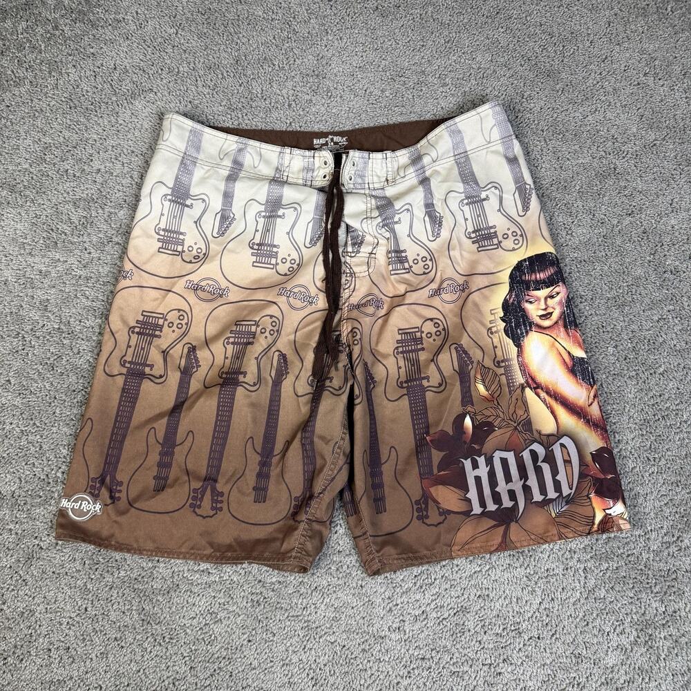 Hard Rock Board Shorts Mens 38 Brown Floral Bathing Suit Drawstring Pockets